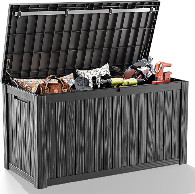 ROJIK 150 Gallon Outdoor Storage Box Waterproof-Patio Furniture Resin Deck Box, Garden Tools, Cushions, Pool Accessories Storage Bench with Lockable Lid and Side Handles (Black, 150 Gal)