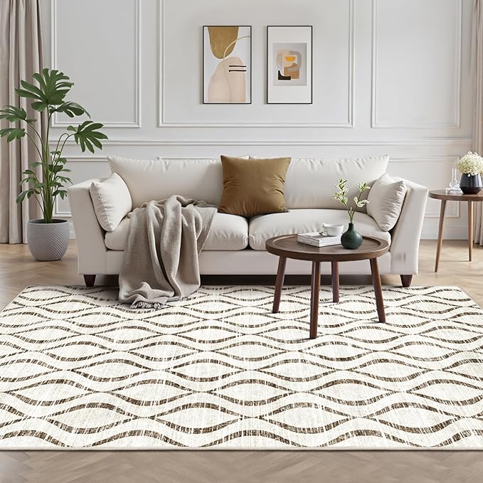 WITSHOCK 5x8 Brown Moroccan Trellis Living Room Rug - Boho Modern Geometric - Washable Non-Slip Thin Indoor Rug for Bedroom Under Dining Table, Soft Low Pile Carpet for Nursery, Kid & Pet Friendly