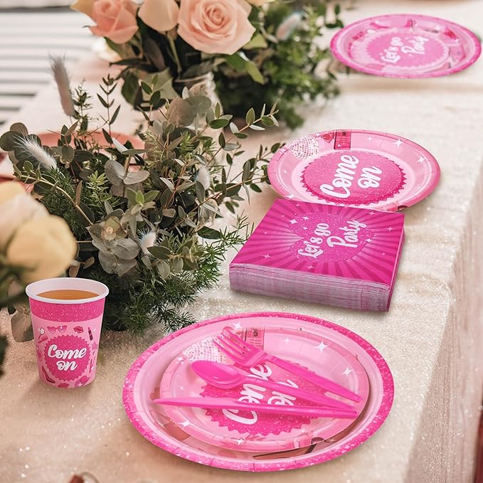400 Pieces Let's Go Girls Party Tableware Sets Including Disposable Paper Plates Cups Napkins Cutlery Serves 50 for Birthday Disco Pink Cowgirl Bachelorette Party Decorations