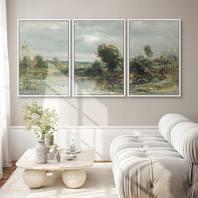 SIGNWIN Framed Canvas Print Wall Art Set Tranquil River Reflections Classic Nature Illustrations Modern Art Decorative Rustic Calm/Zen for Living Room, Bedroom, Office - 24"x36"x3 White