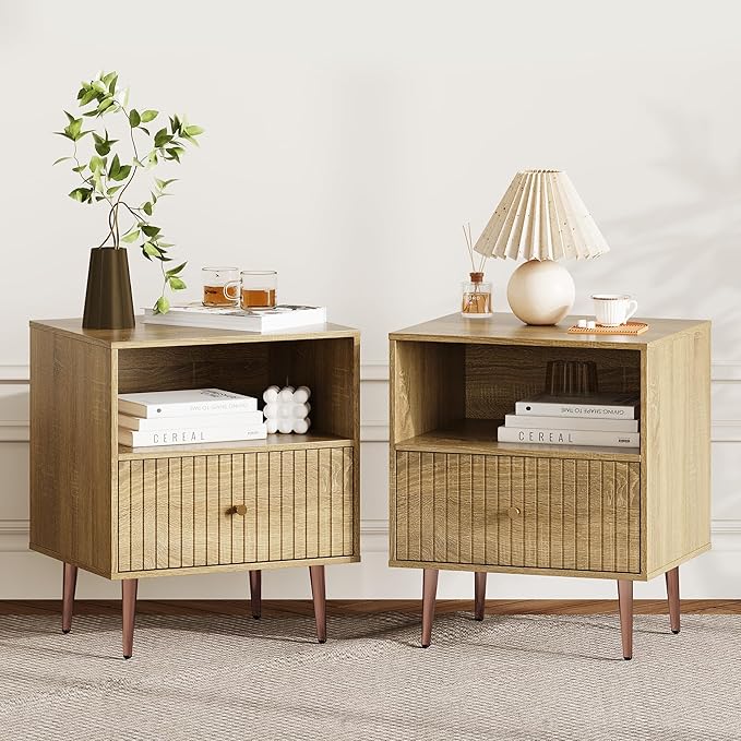 Wood Night Stand Set 2,Modern Bedside Table with Door and Open Storage,Fluted Nightstand and Wood End Side Table with Rose Gold Metal Legs and Handles for Bedroom,Living Room,Natural