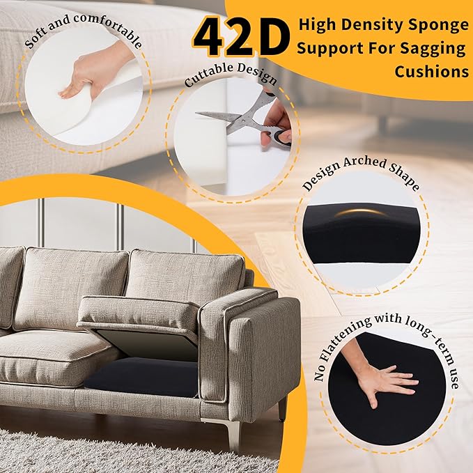 Pack of 3 Couch Cushion Support for Sagging Seats with Covers, 20" x 20" High-Density Curved Foam for Sofa Seat Support Pads for Under Cushions