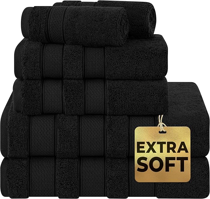 American Soft Linen Salem Turkish Bath Towel Set, 100% Cotton 600 GSM 6 Piece Towels for Bathroom, 2 Bath Towels 2 Hand Towels 2 Washcloths, Black