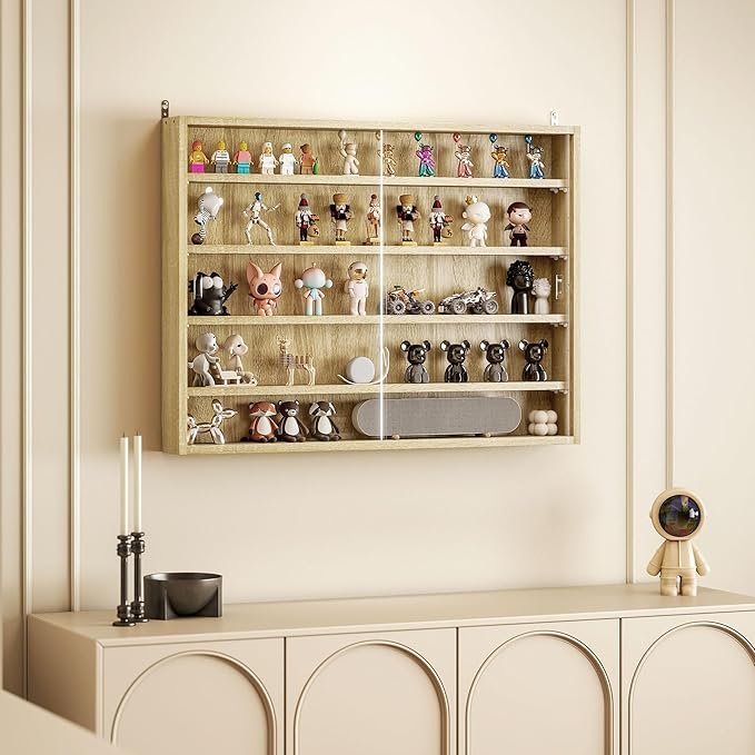 HOMCOM 5-Tier Display Cabinet, Glass Door Cabinet with Adjustable Shelves, Wall-Mounted Display Case for Playroom, Bedroom, Oak