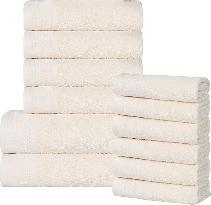 Superior Honeycomb 100% Cotton 500 GSM 12 Piece Bath Towel Set, 6 Washcloths, 4 Hand, 2 Bath Towels, Ideal for Bathroom, Kitchen or Beach, Quick Dry, Jacquard and Solid, Mid-Weight, Ivory