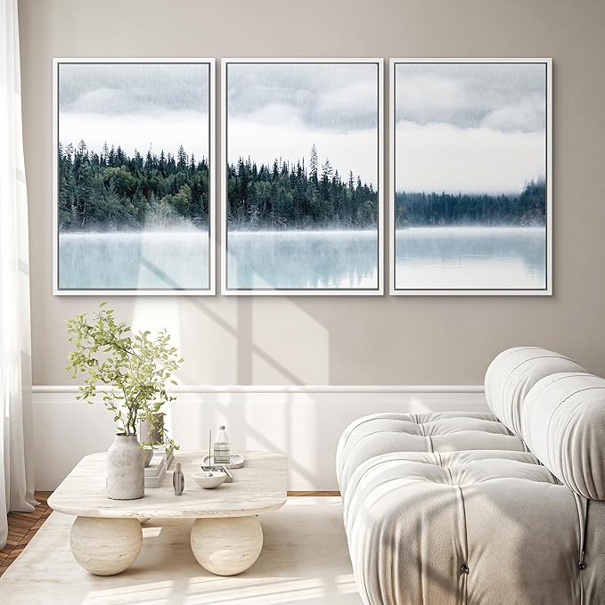 SIGNWIN Framed Canvas Print Wall Art Set Film Grain Cinematic Mountain Forest Lake Nature Wilderness Photography Modern Art Landscape Relax/Calm for Living Room, Bedroom, Office - 16"x24"x3 White