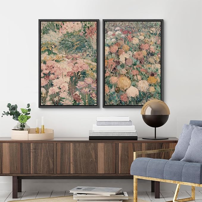 MUDECOR Framed Canvas Print Wall Art Impressionist Floral Garden Vintage Botanical Illustrations Modern Art Decorative Bohemian Colorful Chic for Living Room, Bedroom, Office - 24"x36"x2 Black