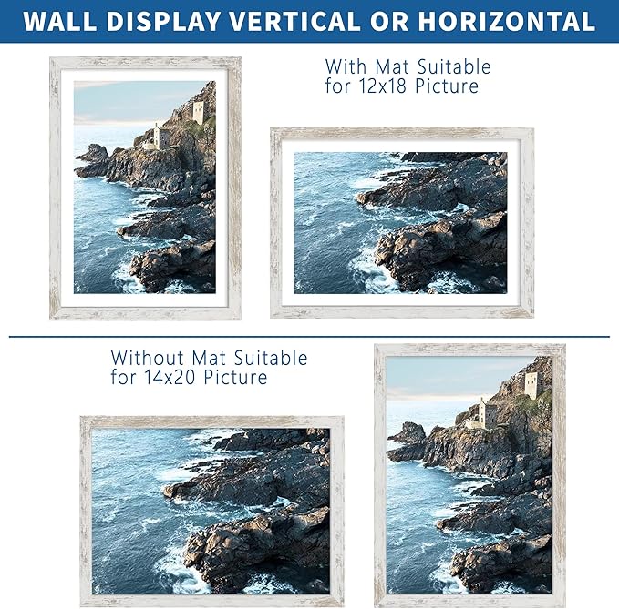 14x20 Picture Frame Set of 2, Distressed White Wood Style - Display 14 x 20 Picture without Mat or 12x18 Picture with Mat, Wall Mounting Horizontal and Vertical
