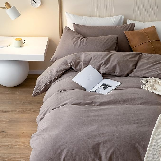 JIYUAN 100% Washed Cotton Duvet Cover Set 3 Pieces Super King, 1 Duvet Cover 108x98 Inches(Comforter Not Included) and 2 Pillowcases,Linen Feel Bedding Set Comfy and Breathable, Heathered Mauve Brown