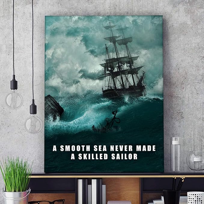 SuccessHunters A Smooth Sea Never Made A Skilled Sailor Wall Art Canvas Print Office Decor Motivational Entrepreneur Quote (18" x 12")