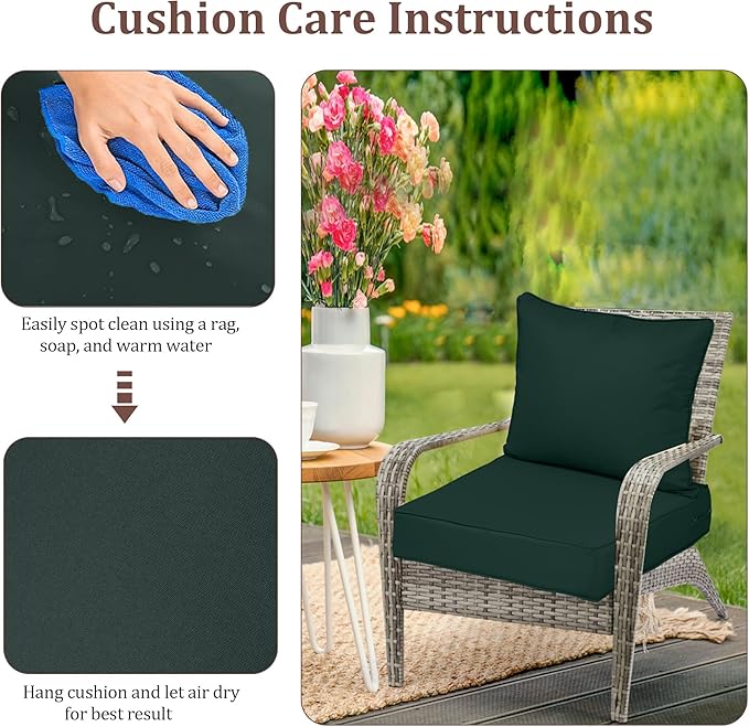 Waterproof Outdoor Chair Cushion Set of 2, 24x24x5 IN Deep Seat Patio Cushions with Fade Resistant Removable Cover,Outdoor Cushions for Patio Furniture with Ties&Handle for Chair Sofa Couch,Dark Green
