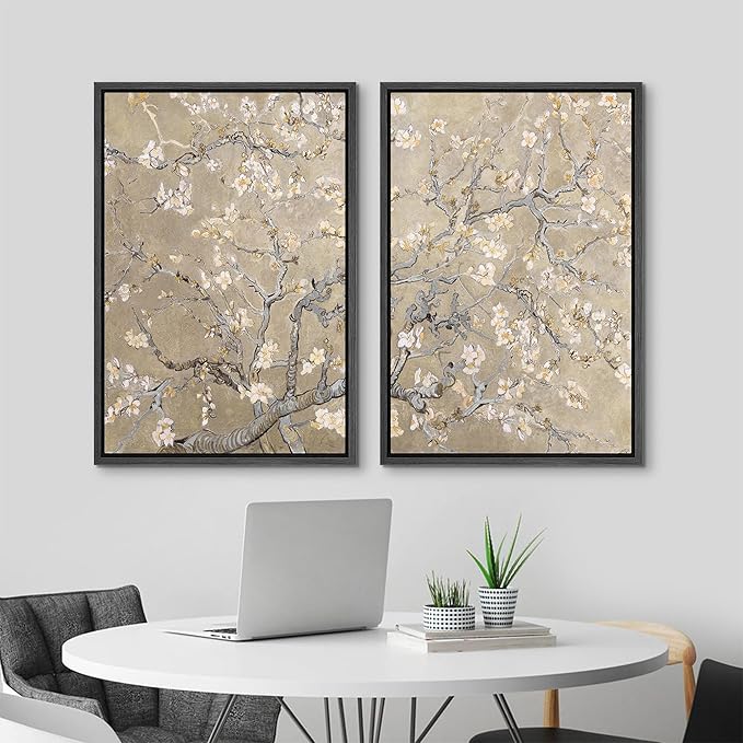 MUDECOR Framed Canvas Print Wall Art Blossoming Almond Tree Elegant Floral Illustrations Modern Art Decorative Bohemian Calm/Zen for Living Room, Bedroom, Office - 16"x24"x2 Black
