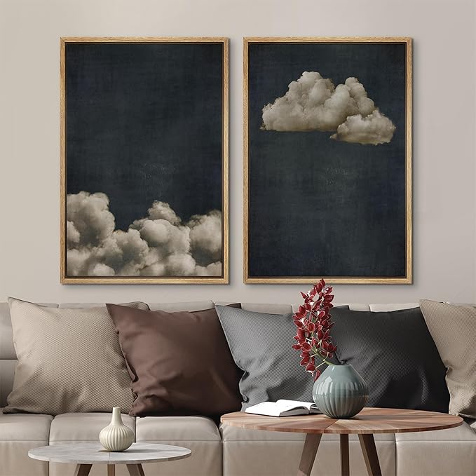 MUDECOR Framed Canvas Print Wall Art Vintage Cloudscape Dark Moody Sky with Floating Clouds Illustrations Modern Art Decorative Chic for Living Room, Bedroom, Office - 24"x36"x2 Natural