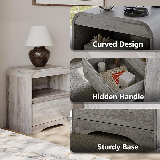 Night Stand Nightstand with Drawer Storage Curved Bed Side Table End Table Large Modern Wide Bedside Stand Tall Night Stands for Bedroom Living Room Sofa Couch Home Office, Grey