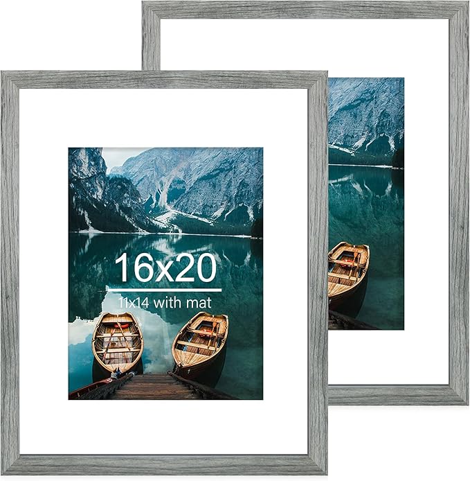 16x20 Frames Set of 2, Rustic Grey Wood Style - Display 16 x 20 Picture without Mat or 11x14 Picture with Mat, Wall Mounting Horizontal and Vertical