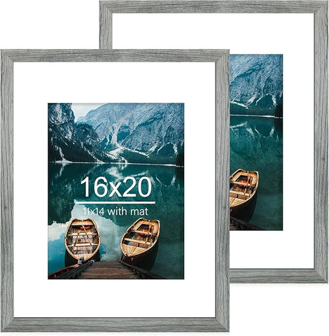 16x20 Frames Set of 2, Rustic Grey Wood Style - Display 16 x 20 Picture without Mat or 11x14 Picture with Mat, Wall Mounting Horizontal and Vertical