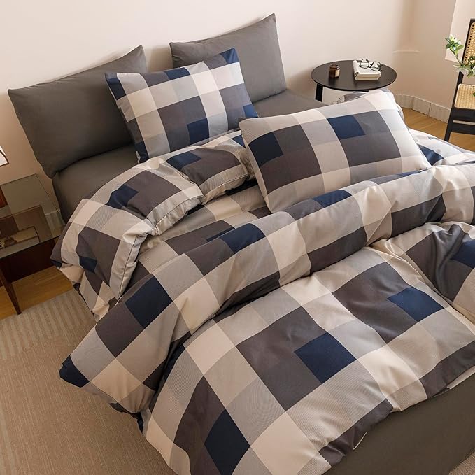CLOTHKNOW Plaid Queen Comforter Set Gingham Buffalo Bedding Comforter Sets Blue Grey Khaki Brown Beige Geometric Comforter Queen Sets with 2 x Pillow Cases