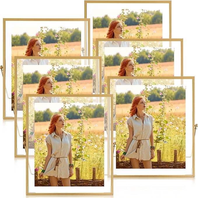 Hoteam 6 Pieces 8x10 Inch Gold Floating Frame Glass Picture Photo Frame Bulk Metal Vintage Geometric Vertical Tabletop Display or Wall Mounting Decor
