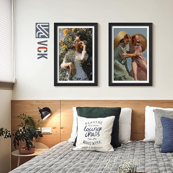 VCK 12x18 Picture Frame 5 Pack - with Mat 11x17, Solid Wood Poster Frame with HD Glass, Black Exclusive Wood Grain, Wall & Gallery Display