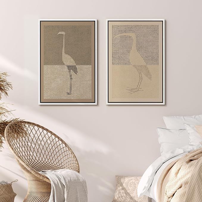 MUDECOR Framed Canvas Print Wall Art Bird Silhouette Modern Minimalist with Heron Crane Illustrations Modern Art Decorative Bohemian Colorful for Living Room, Bedroom, Office - 24"x36"x2 White