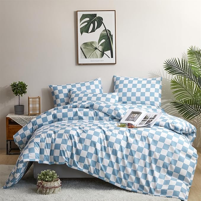 Pureant Blue and White Plaid Comforter Set Queen Blue Checkerboard Grid Bedding Comforter Sets Blue Buffalo Grid Queen Comforter for Women Men Soft Checkered Geomertic Queen Size Comforter Sets
