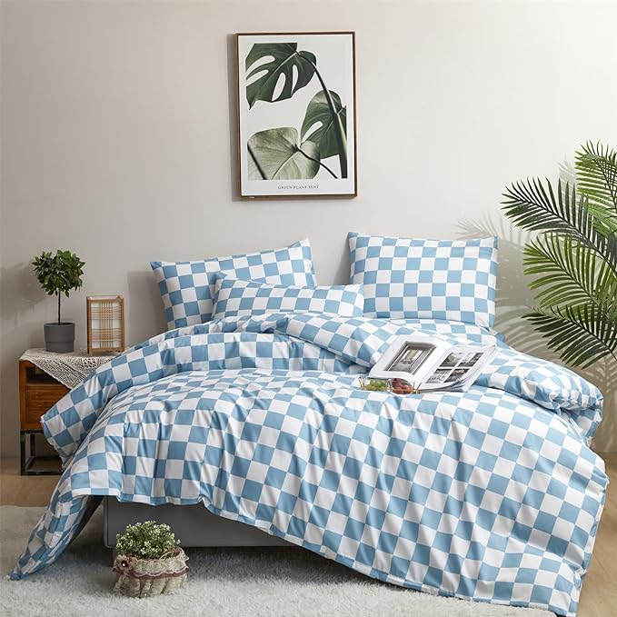 Pureant Blue and White Plaid Comforter Set King Blue Checkerboard Grid Bedding Comforter Sets Blue Buffalo Grid King Comforter for Women Men Soft Checkered Geomertic King Size Comforter Sets