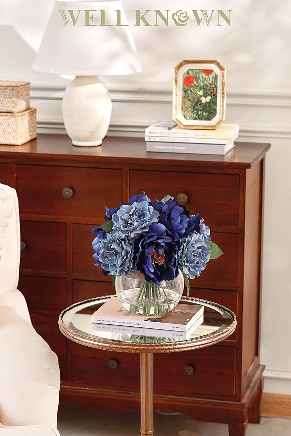 WELL KNOWN Artificial Flowers in Vase, Artificial Flowers for vase with Faux Water for Coffee Table Decor, Silk Fake Flower Arrangements Peonies Table Centerpieces (Blue)