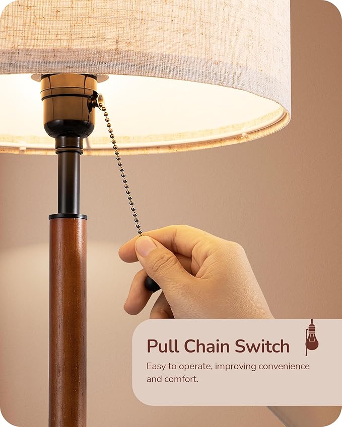 EDISHINE Mid Century Table Lamp Set of 2, Pull Chain Switch Bedside Lamp, Linen Shade, Solid Wood Pole & Black Metal Base, Modern Nightstand Lamp for Bedroom, Living Room, Office, E26 Base