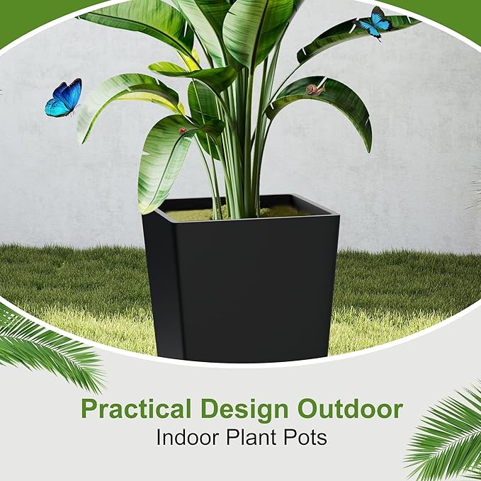 24-Inch Tall Planters Set of 2 for Outdoor and Indoor Use, Tapered Flower Pots with Drainage Tray, Front Porch and Patio Decor, Ideal for Large Plants – Black