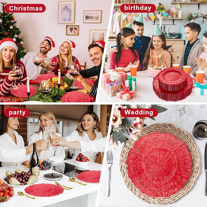 U-QE 60PCS Clear and Red Plastic Plates - Reef Plastic Plates Disposable&Reusable - Clear Red Plates Including 30 Plastic Dinner Plates 10" & 30 Plastic Dessert Plates 7" Perfect for Party & Wedding