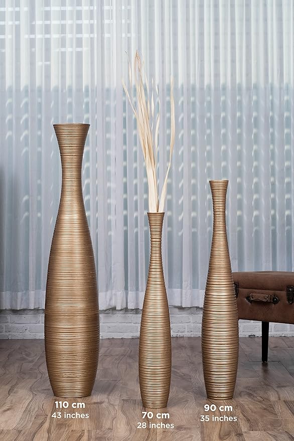 Leewadee Large Gold Home Decor Floor Vase – Wooden 34 inches Tall Farmhouse Decor Flower Holder for Fake Plant and Pampas Grass