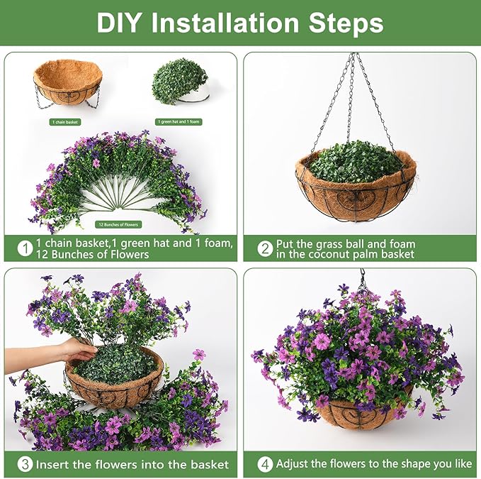 INQCMY Artificial Faux Hanging Flowers Plants Basket for Outdoor Spring Decoration,Fake Silk Colorful Daisy in Planter UV Resistant Realistic for Outside Home Porch Patio Yard Balcony Decor