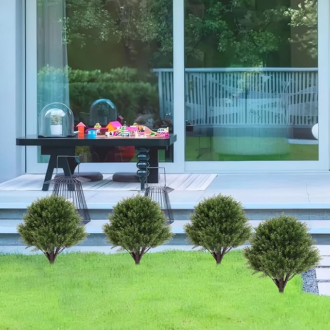 27" Tall Artificial Cedar Topiary Ball Tree with Ground Spike Set of 2, UV Resistant Faux Plants Outdoor, Realistic Large Greenery Fake Bushes and Shrubs for Planters Front Porch Garden Backyard Decor