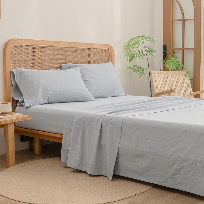 BESTOUCH Sheet Set 100% Washed Cotton Linen Feel Super Soft Comfortable Chic Lightweight 4 Pcs Home Bedding Set Solid Cornflower Blue Cal King