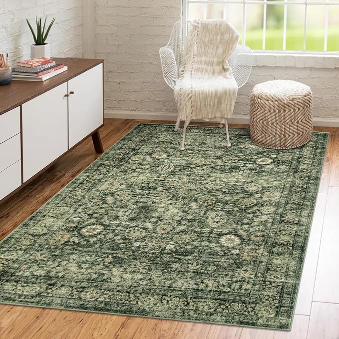 Morebes Area Rug 4x6 Vintage Washable Boho Rugs for Bedroom, Soft Living Room Carpet Non-Slip Non-Shedding Faux Wool Rug for Farmhouse Dining Room Indoor Kids Playroom, Grayish Green