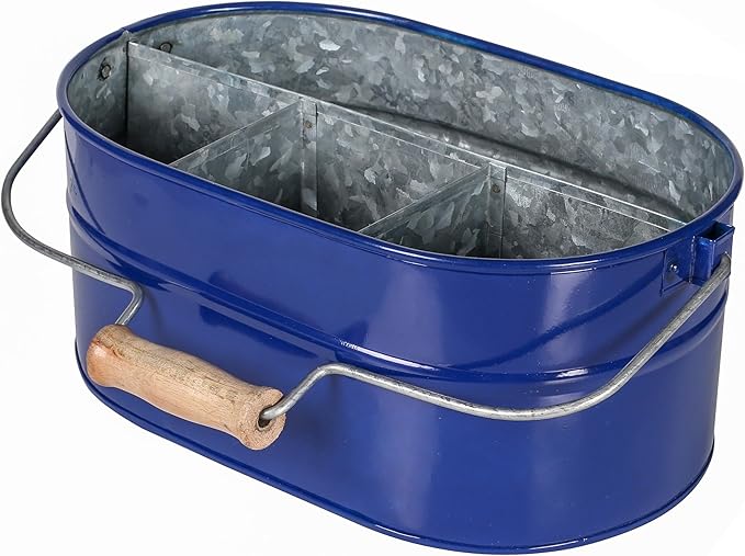 Alpha Living Home 4-Section Galvanized Utensil Caddy - Farmhouse Organizer with 4 Compartments and Wooden Handle - Versatile Storage for Kitchen, Outdoor & Party Essentials (Blue)