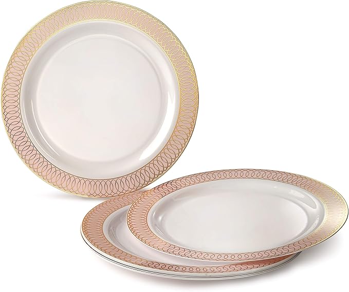 " OCCASIONS " 240 Plates Pack,(120 Guests) Premium Premium Wedding Party Disposable Plastic Plates Set -120 x 10'' Dinner + 120 x 7.5'' Salad/Dessert Plate (Venice Blush and Gold)