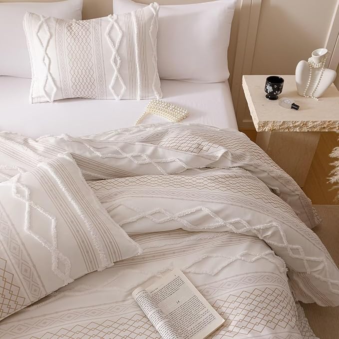 Luxlovery Boho Farmhouse Comforter Set Cal King Teens Kids White Jacquard Bedding Set Bohemian Country Blanket Quilts Durable Soft Breathable 3PCS Comforter Set California King Bed