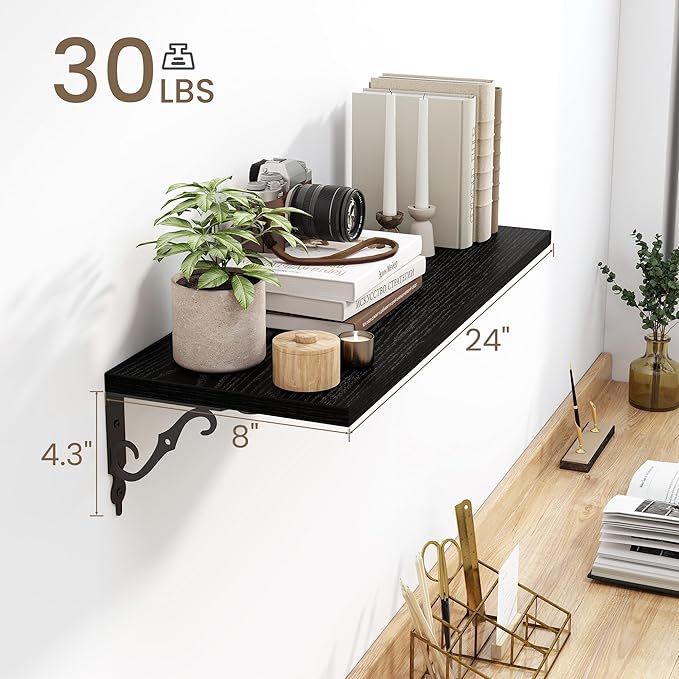 Floating Shelves for Wall, 24"W x 8"D Wall Shelves, 8 Inch Deep Floating Shelf with Bracket, 24 Inch Floating Shelves for Living Room and Bathroom, Display & Storage Shelves, Black, Set of 2