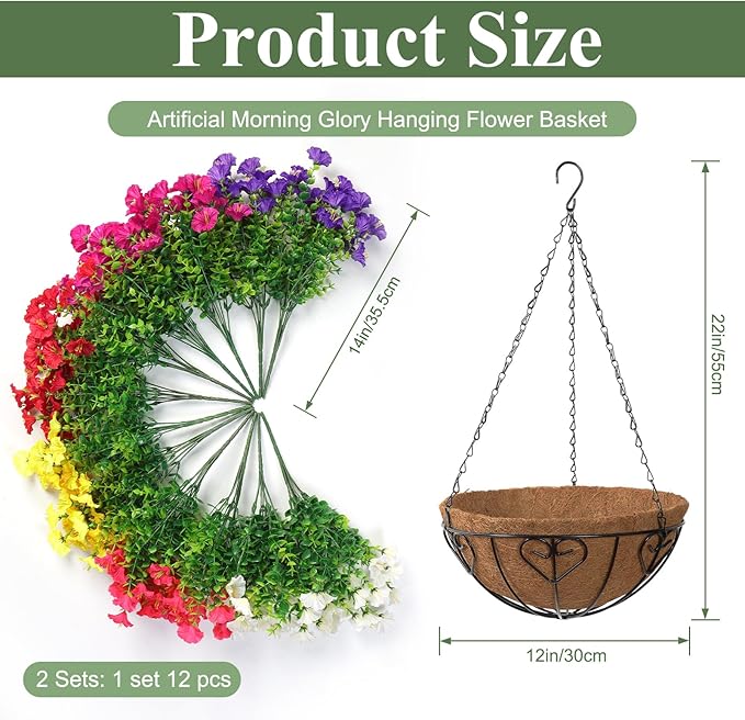 KHOYIME Artificial Hanging Flowers Plants Basket for Outdoors Indoor, 2 Set Faux Silk White Yellow Purple Fuchsia Red Pink Morning Glory Fake Eucalyptus Planters Spring Summer Home Garden Patio Decor