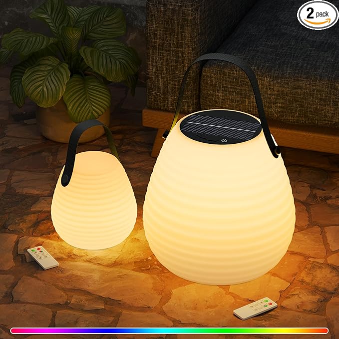 uuffoo 2-Pack Solar Table Lamp Outdoor Water-Resistant Portable Lantern with Remote and 8 Colors, Dimmable Cordless Lamp for Outside Garden Patio Camping Terrace