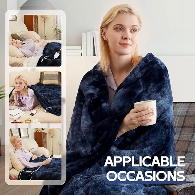 MAXEVE Electric Heated Throw Faux Rabbit Fur Blanket with 8 Heating Levels & 8 Hours Auto Off, Fast Heating Warm Cozy Sherpa Washable Blanket with Over-Heat Protection, ETL Certification, Blue