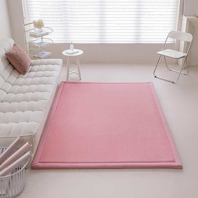 Loartee Faux Rabbit Fur Rug - 1.18" Thick Soft Fluffy Area Rug, Non-Slip Memory Foam Crawling Mat, Light Pink, 78"x110"