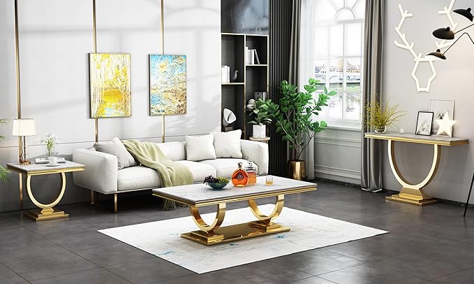 SSLine Rectangular Faux Marble Coffee Table for Living Room Modern Luxury White Marble Center Table with Gold Pedestal Base 46.8" Mid-Century Cocktail Table with Mirrored Stainless Steel Frame Legs