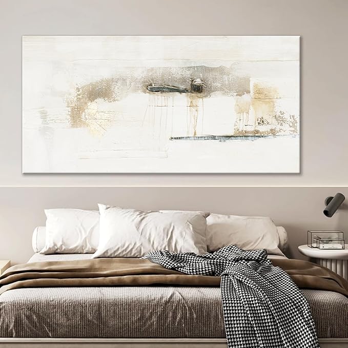 QSQ Abstract Wall Art Off White Large Size Artwork Wall Decor Canvas Painting Stretched Canvas Wooden for Living Room Bedroom Office Home Decor ready for hanging 29"x58"