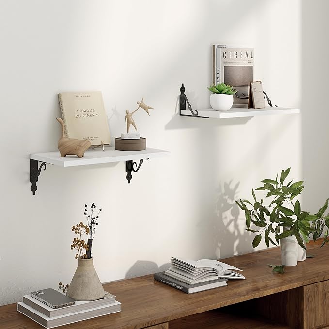 16 Inch Deep Floating Shelves for Wall, 8 Inch Deep Floating Shelf with Bracket, White Wall Shelves 16 Inches Long, Wide Display & Storage Shelves for Living Room, Bathroom, Bedroom, White, Set of 2
