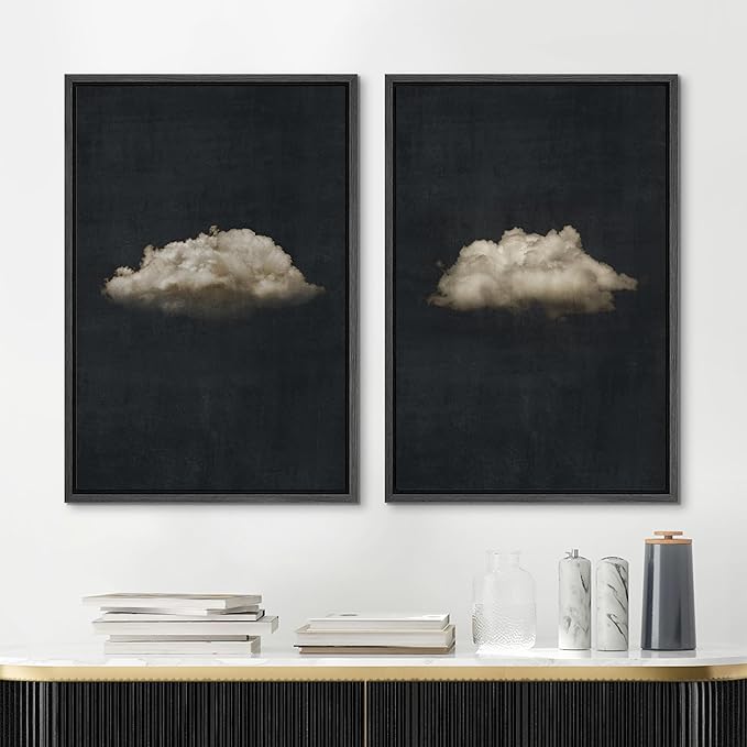 MUDECOR Framed Canvas Print Wall Art Minimalist Cloud on Dark Background, Modern Monochrome Nature Illustrations Modern Art Decorative Multicolor Minimalism for Bedroom - 24"x36"x2 Black