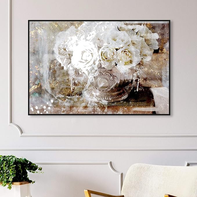 Floral and Botanical Framed Wall Art Canvas Prints 'Serving Roses' Florals, White/Gold, 45" x 30"