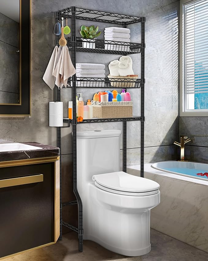 Bathroom Organizer Over The Toilet Storage, 4-Tier Metal Bathroom Over Toilet Storage Shelf Rack Freestanding Space Saver with Adjustable Shelves and Baskets, Black