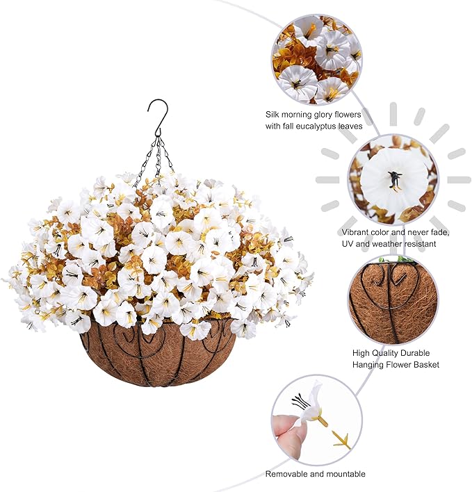 Artificial Fall Hanging Flowers in Basket, 12 Bundles Faux Silk Morning Glory Plants Realistic UV Resistant Fake Outdoor Flower for Planters Home Decor Outside Garden Yard Patio, Fall White